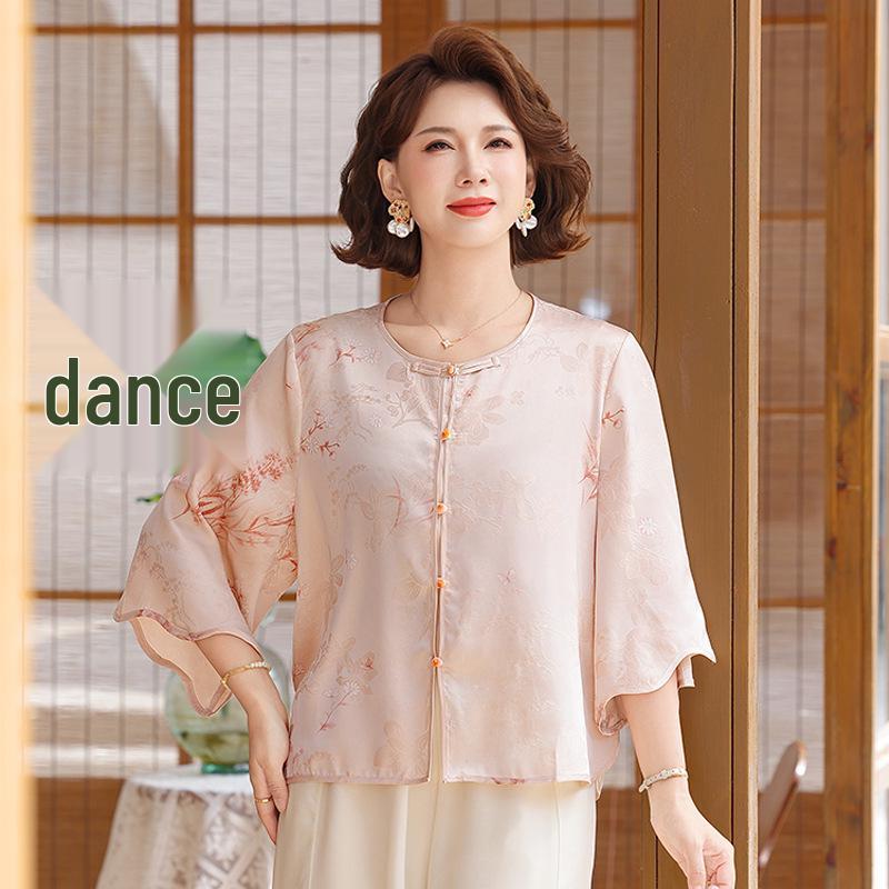 

Summer 2026 Imitation Silk Short-Sleeve Blouse - Fashionable Plus Size for Middle-Aged & Elderly Moms 2XL