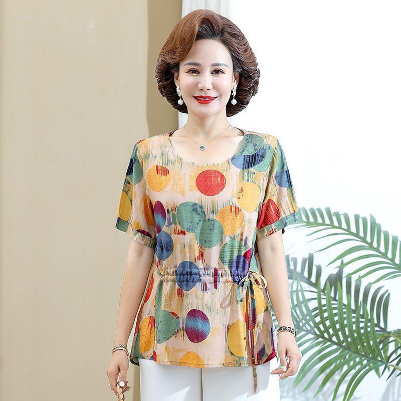 

Летняя футболка больших размеров из хлопка и вискозы с коротким рукавом, приталенная, для женщин среднего и пожилого возраста 4XL (suitable for 135-150 jin)