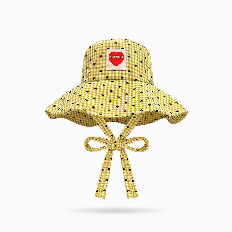 

Black Heart Plaid Fisherman Hat for Women Summer Wide Brim Sun Protection Bucket Hats Fordable Travel Beach Lace-up Basin Cap жовтий