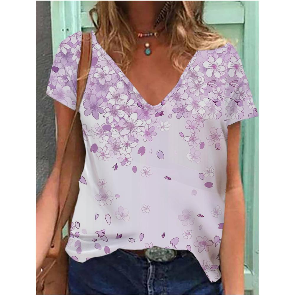 Dam T-shirt Sommar Gradient Grafiskt Tryck Blus V-ringning Mode Dam Retro Kläder Blommig Tryck T-shirt Damkläder