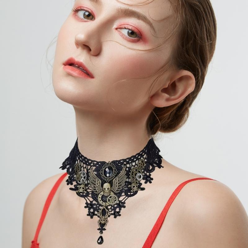 Gothic Lace Floral Choker for Women Choker Handmade Collar with Skull Gears Wing for Bachelorette Party Wedding