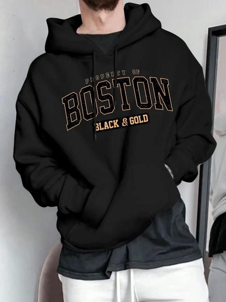 Men's Boston Graphic Print Hoodie Beige with Black  Golden Lettering Adjustable Drawstring Hood All-Season Comfort Regular Fit