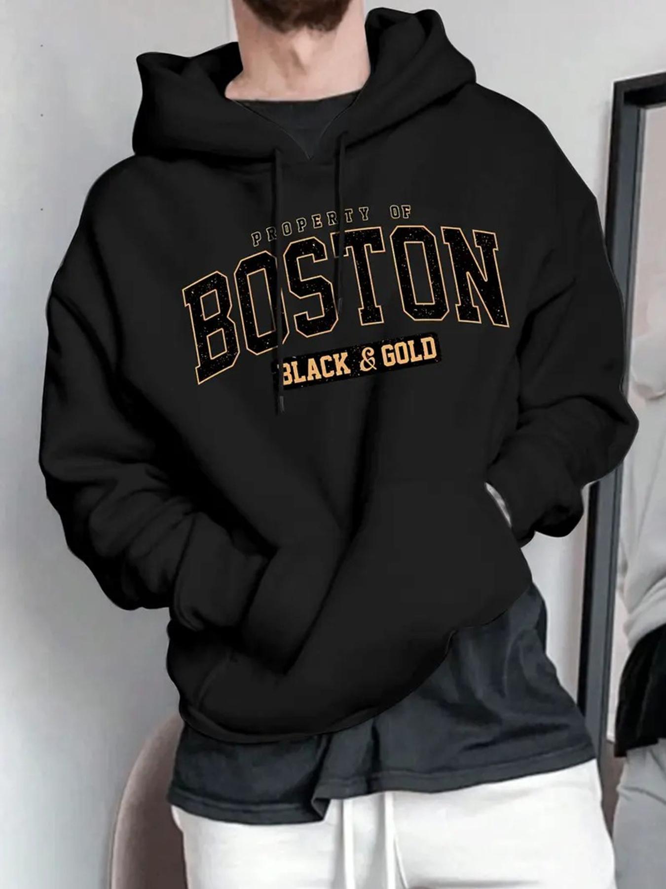 

Men s Boston Graphic Print Hoodie Beige with Black Golden Lettering Adjustable Drawstring Hood All-Season Comfort Regular Fit 3XL