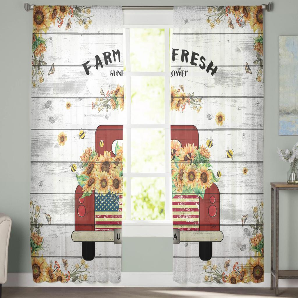 Farm Fresh Vintage Truck Sunflower Farm Plank Sheer Curtains for Living Room Modern Bedroom Voile Tulle Curtain Window Drapes