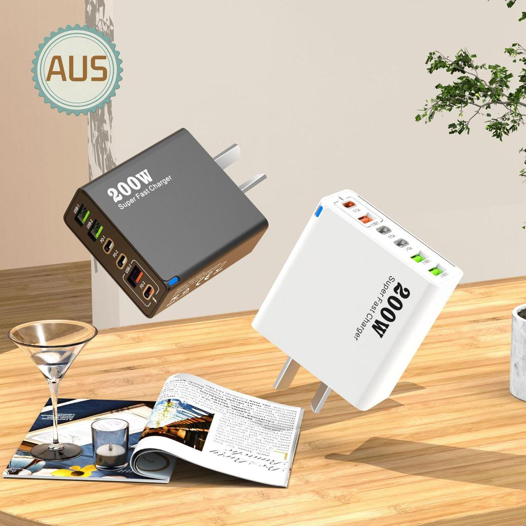 200W Multi-Port Charger - 3 USB & 3 PD Ports, Six-in-One Fast Charging for Phones (5V 2.4A), EU/US/UK Compatible