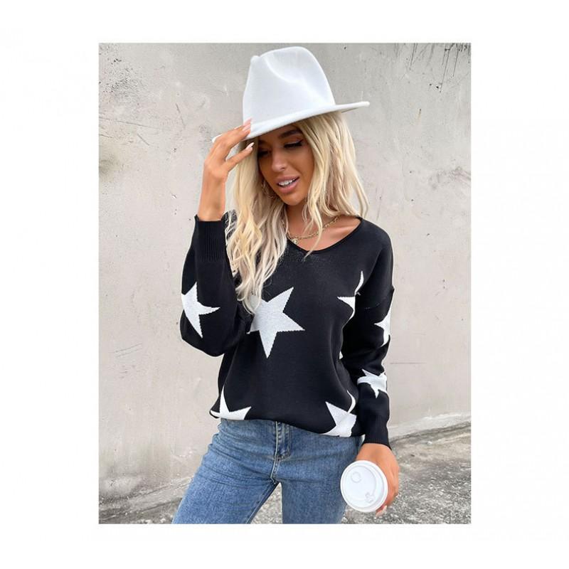 Womens Fit Star Print Round Neck Long Sleeve Knit Top - Acrylic Blend Casual Daily Wear