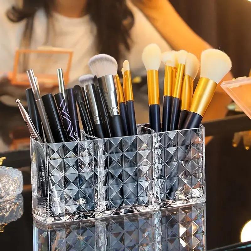 Cosmetics Storage Box Storage Tube Three Grid Pen Holder Transparent Acrylic Eyebrow Pencil Makeup Brush Storage Box