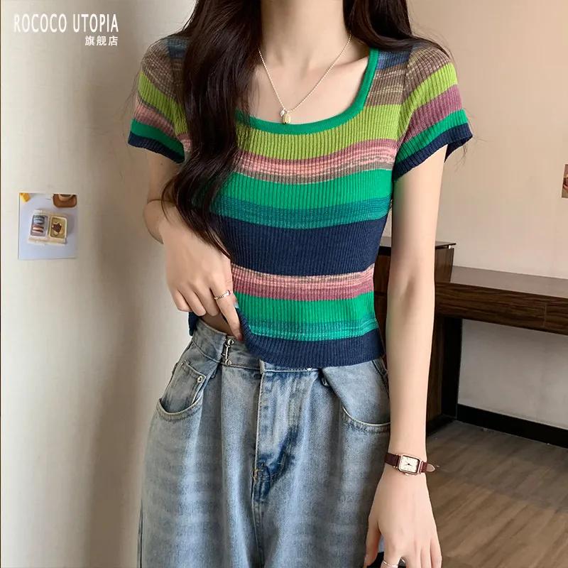 Women's Multicolor Stripe Knit Short Sleeve Crop Top