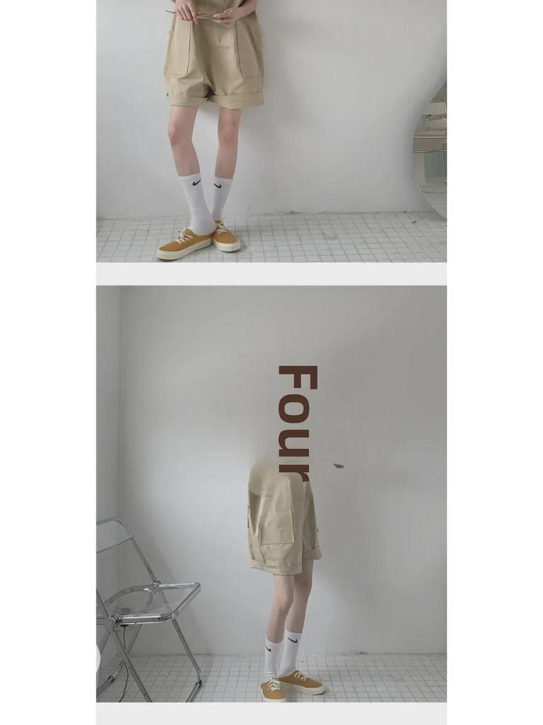 Dámské khaki bavlněné zeštíhlující volné overaly s velkými kapsami - Letní široké šortky na ramínka