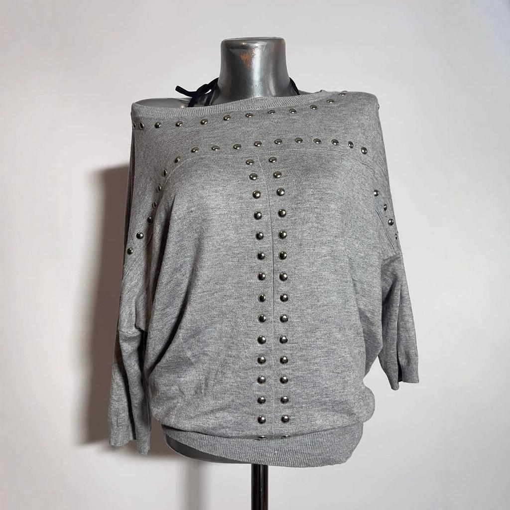 Vintage Retro Unifarbener Nieten Lockere Passform Langarm-T-Shirt