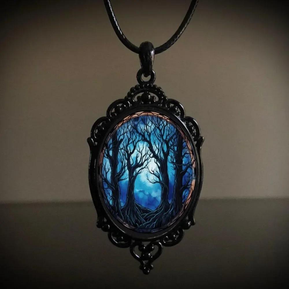 Retro Fashion Oval Crystal Blue Life Tree Pendant Necklace Black Leather Rope Chain for Women Men Hallowmas Amulet Jewelry Gifts