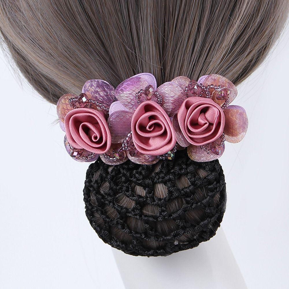 Barrettes Beaded For Flight Attendant Women Bun Net Crystal Hairnet Cover Flower Bun Snood Zircon