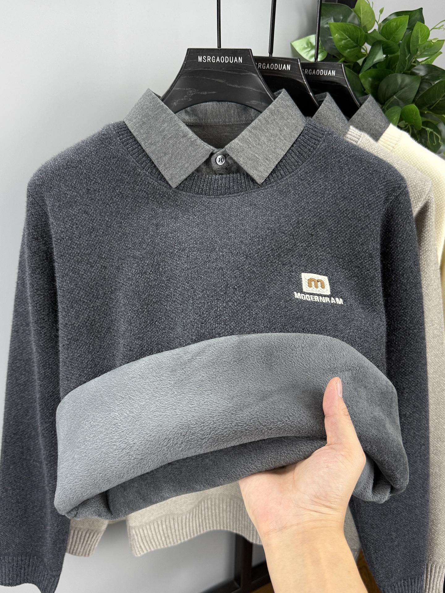 2025 Winter Men s Dual-Layer Sweater: Velvet-Enhanced Collar, Thickened Warm Knit 4XL