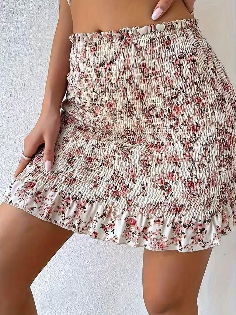 European & American Trendy Printed Waist-Cinching Shirred Slim-Fit Women's Summer Mini Skirt