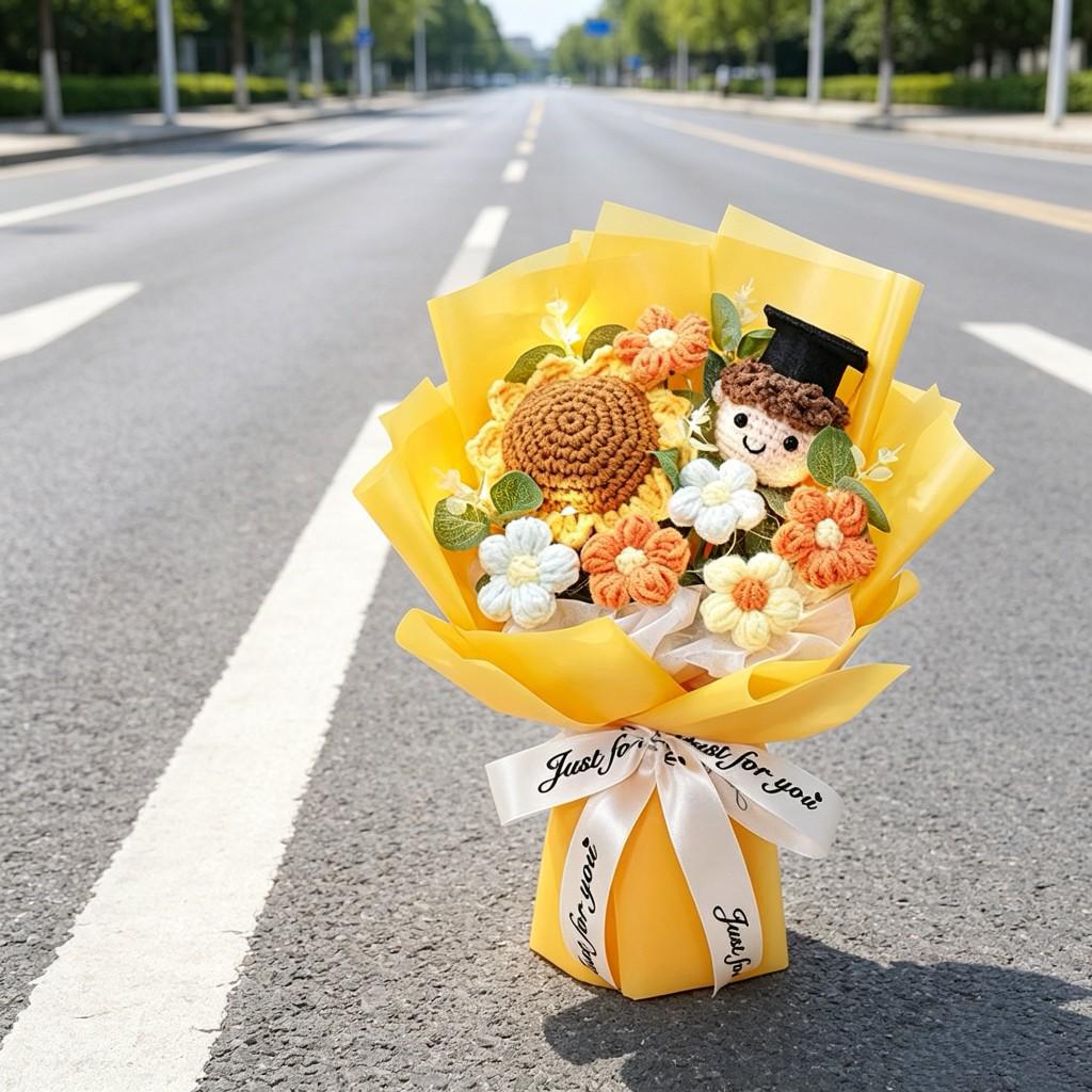 Handmade Knit Yarn Sunflower Bouquet for Graduation or Teacher's Day Gifts