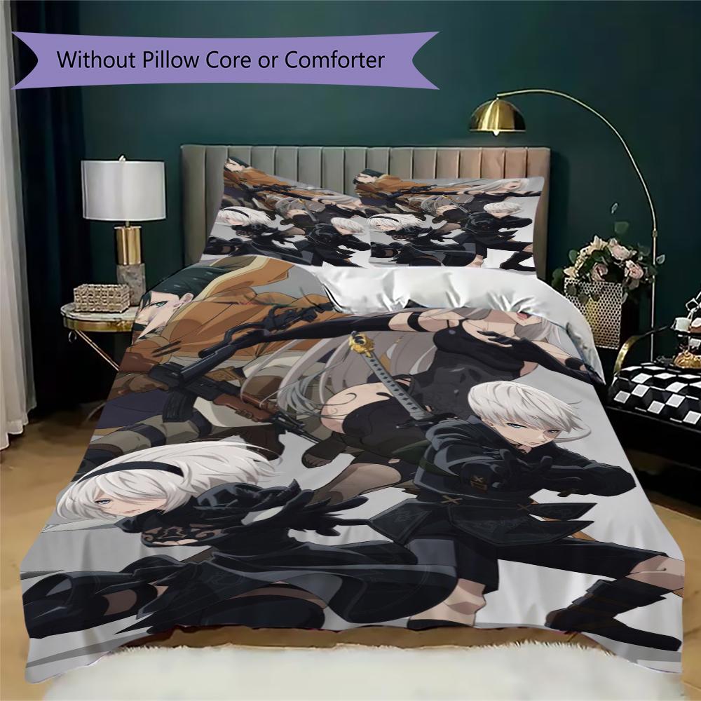 NieR Automata Pattern Bedding Uilt Set Uilt Cover Pillowcase Home Decoration Birthday Gift (1 * Duvet Cover + 2 * Pillowcase Without Core)