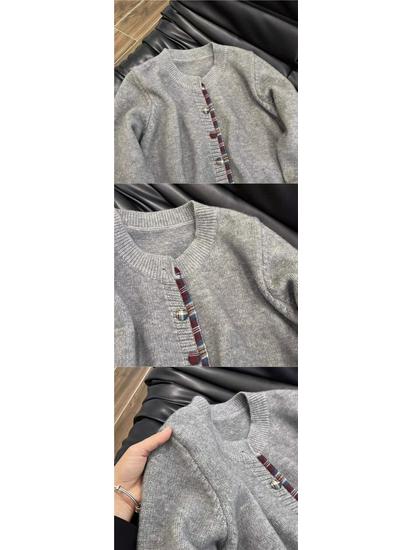 Korean Style Plaid Patchwork Two-Piece Look Sweater - Women's Autumn/Winter Loose Knitted Cardigan.