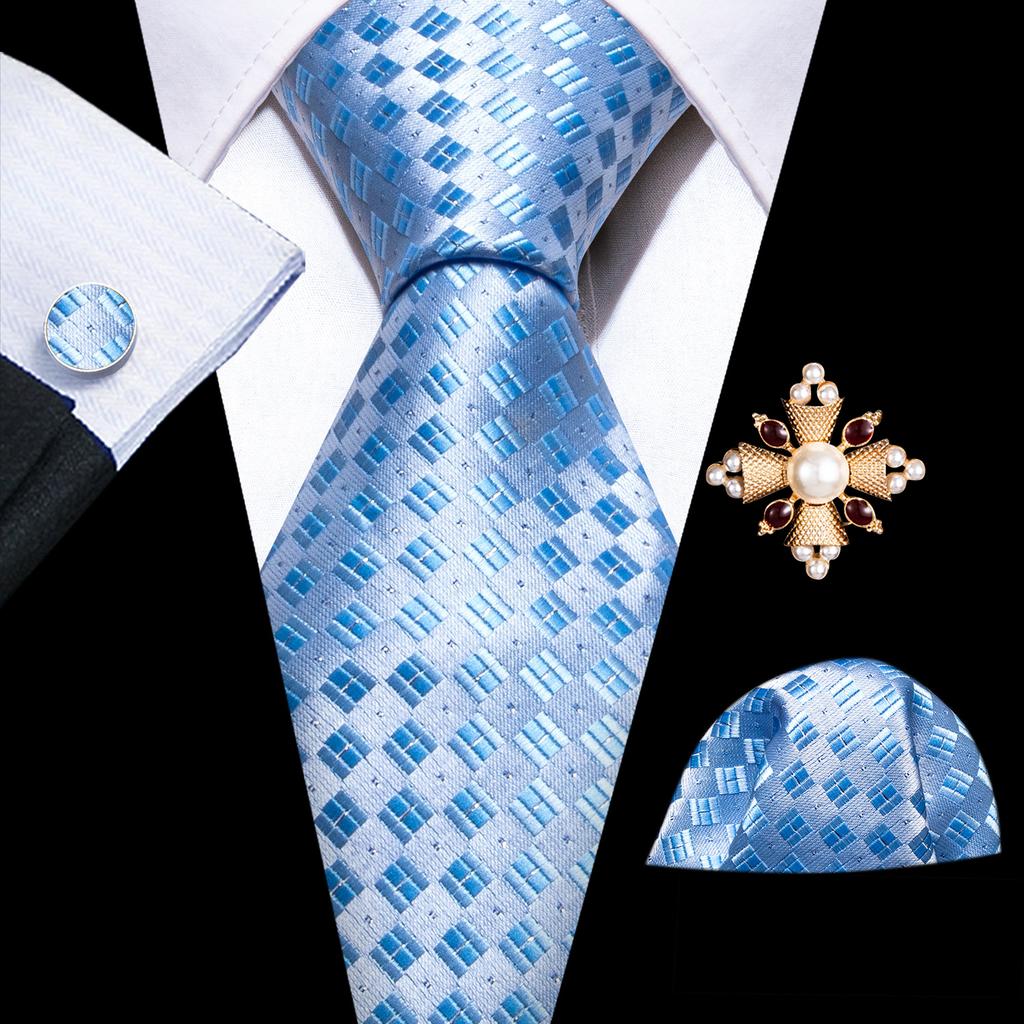 Pearl Brooch with Silk Tie for Men Vintage Floral Teal Necktie Hanky Cufflinks Gift Formal Set