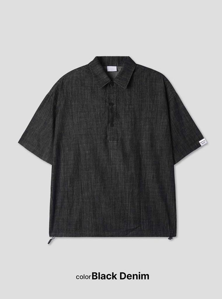 APOSTROPHE COMMA Sleeve Label Linen Denim Short Sleeve Shirt_Dark Blue