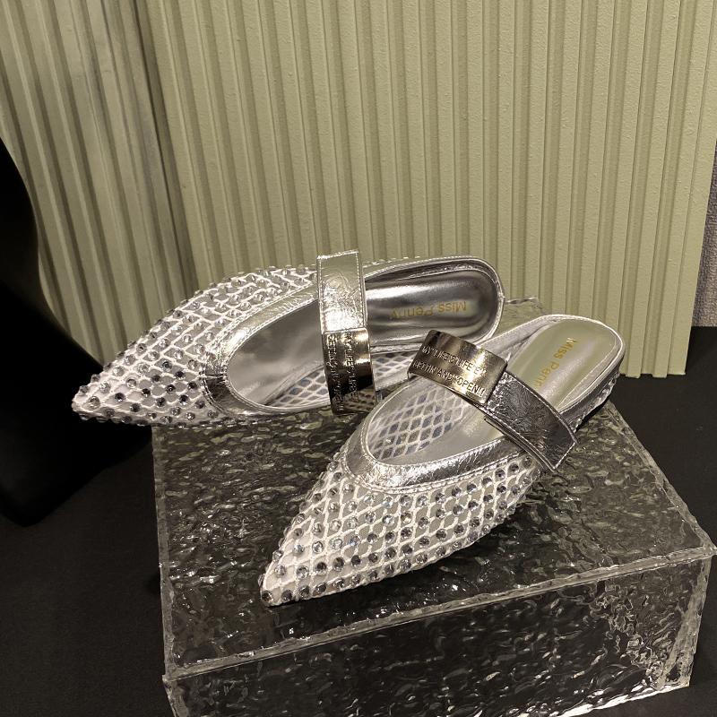 Summer Women Slippers 2025 New Rhinestone Leisure Slipper Retro Pointed Toe Metal Buckle Fashion Half Slipper Sandalias De Mujer