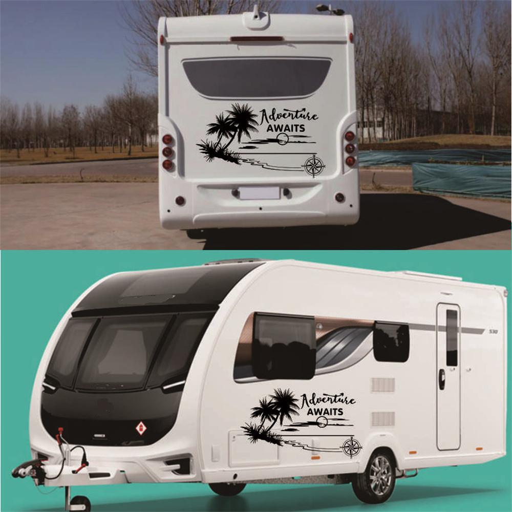 Caravan Camper Motorhome Body Stickers Coconut Tree Compass Graphic Decals Black