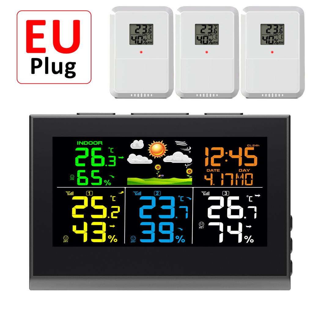 Digital Color Weather Station Clock with 3 Wireless Outdoor Sensor Indoor/Outdoor Temperature Humidity Monitor Weather Forecast