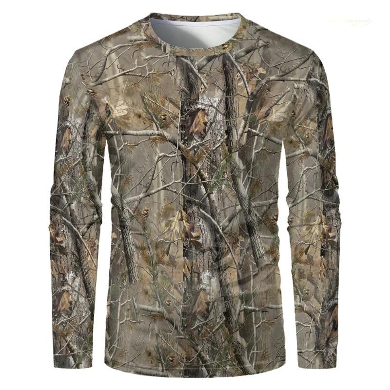 Camouflage Hunting T-Shirt Forest Print Men Outdoor Sports Long Sleeve Trip Tactical Training Oversize Top Mens Clothing