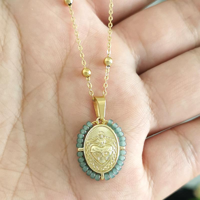 QMHJE Virgin Mary Pendant Charm Necklace Women Cross Scared Heart Jesus Choker Seed Beads Stainless Steel Chain Gold Color Mom