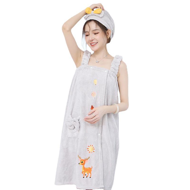 Women's Quick-Dry Coral Fleece Bathrobe - A-line Wearable Towel, Ideal for Home Use, Highly Absorbent, No Shedding, Summer Style.