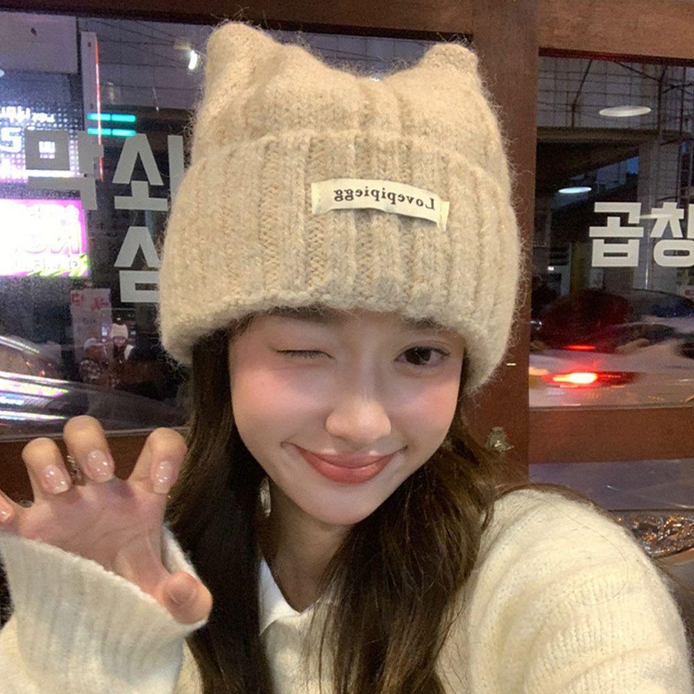 Windproof Beanie Hat Cat Ear Winter Bomber Cap Casual Knitted Woolen Cap for Women