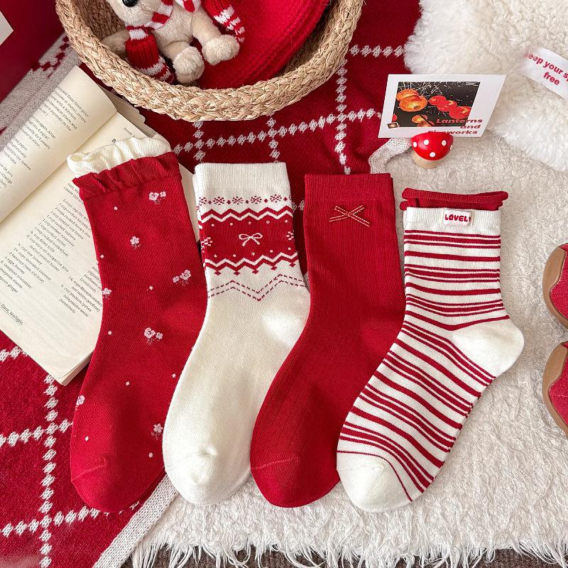 Bow Stripe New Year'S Big Red Socks Women'S Mid-Tube Socks Pure Cotton Edge Horse Year Stockings