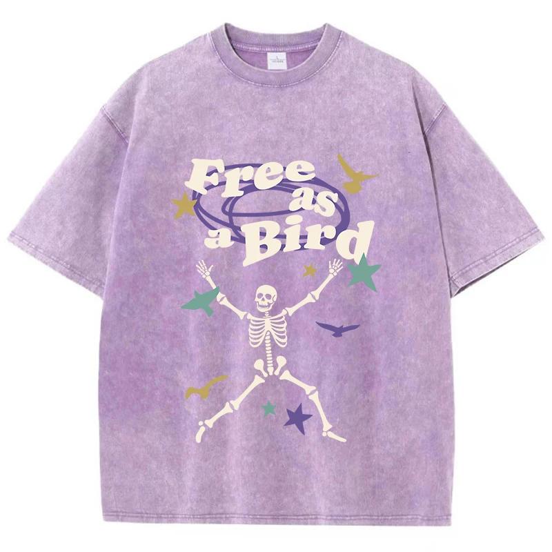 Street Women Washed T-Shirts Free As Bird Skeleton Man Printed Tee Shirts Comfortable Cotton Oversize Tees Summer Clothes