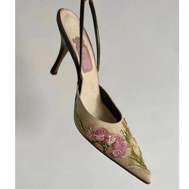 Sandale cu toc înalt brodate Femei Sandale elegante slingback Vară 2025 Pantofi cu vârf ascuțit Pantofi de rochie Femei Zapatos De Mujer
