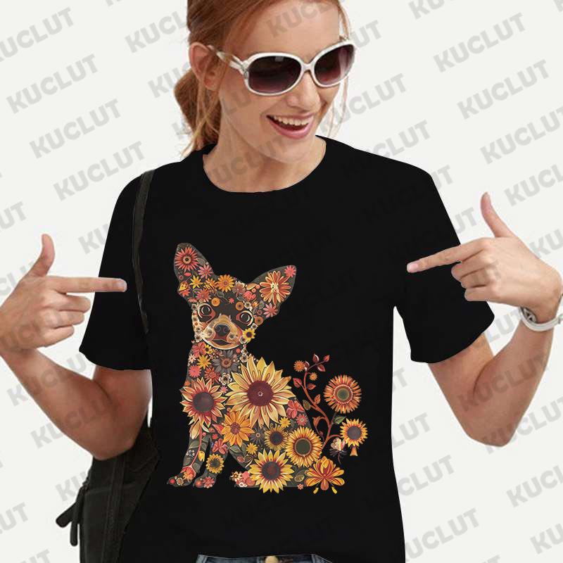 Dámské tričko s květinovým vzorem a čivavou, módní halenka s krátkým rukávem, Harajuku Ulzzang letní Y2k topy, dámské estetické oblečení