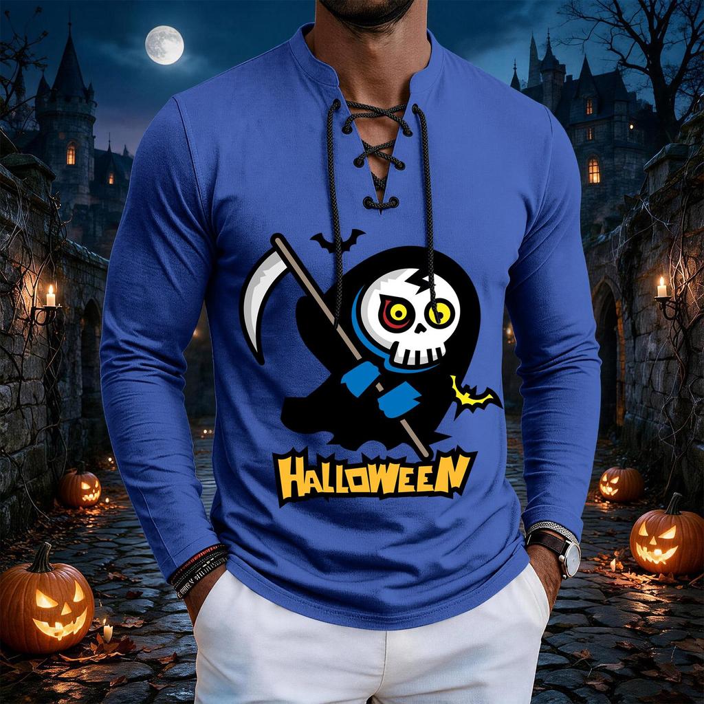 Men's Vintage Halloween Print Lace-Up Long Sleeve T-Shirt