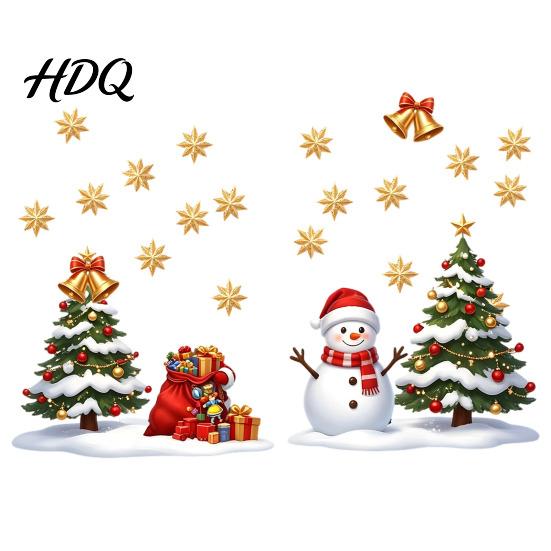 Winter Holiday Glass Decals Christmas Window Static Sticker Creative Snowman Tree Pattern PVC Decal Waterproof Decorative Film Reusable Festive Wall