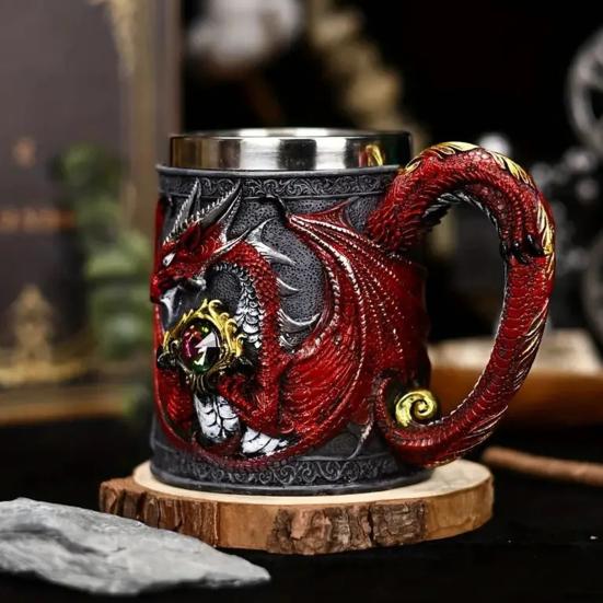 Kufel do piwa ze stali nierdzewnej 600 ml Retro kufel kubek do kawy kubek do herbaty średniowieczny smok żywiczny kubek dla miłośników fantasy
