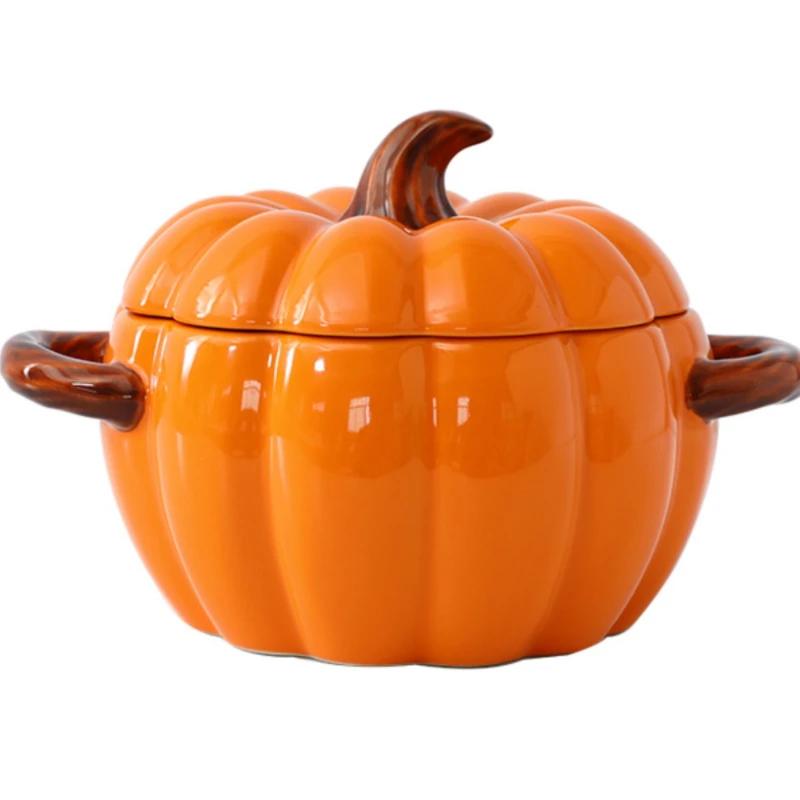 DoubleHled Ceramic Pumpkin Bowl Halloween Themed Serving Bowl for Soups And Stews Home Decor And Culinary Use
