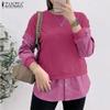 ZANZEA Women Casual O-neck Fake Two Piece Splice Long Sleeve Blouses