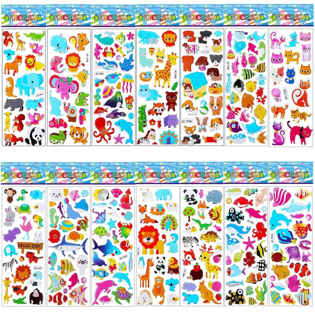 Set of Cute 3D Animal and Ocean Stickers Fluffy and Puffy Animal and Ocean Theme Stickers Perfect for DIY Wall and 14-Piece - - Kids' Projects,