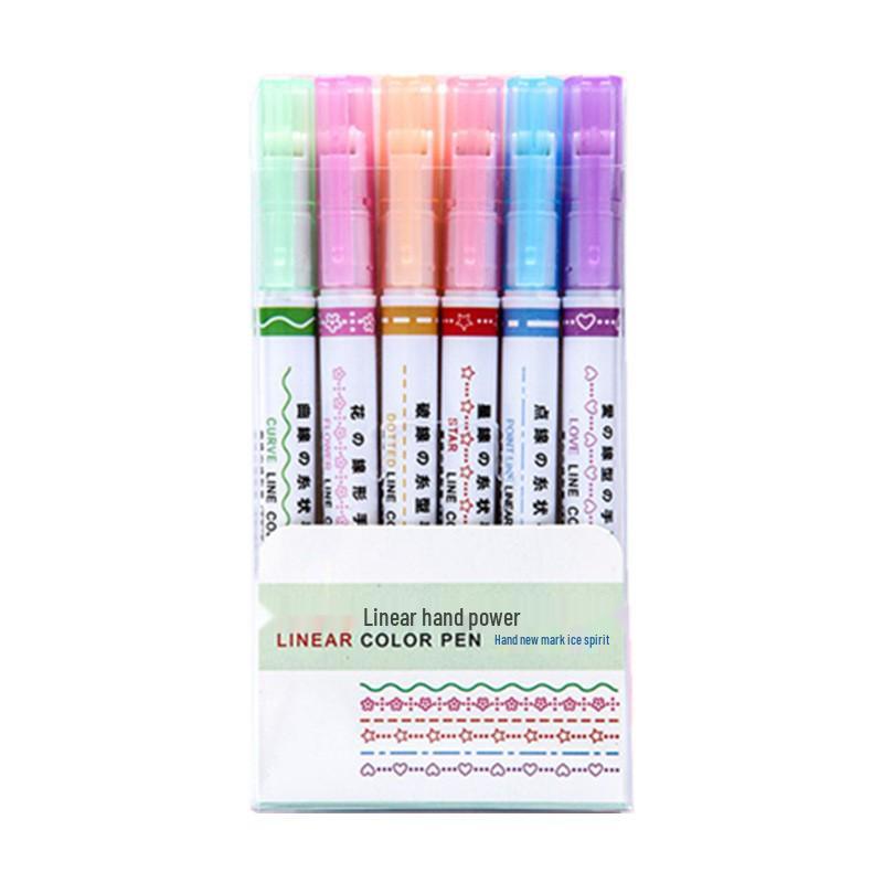 Creative 6-Color Wave Pattern Highlighter Set: DIY Outline & Curve Pens for Students