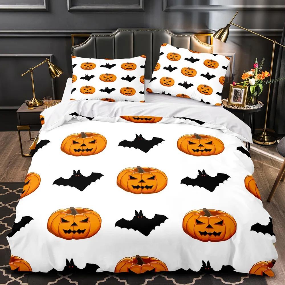 3D Print Halloween Bedding Set, Halloween Cartoon Jack O' Lantern Tombstone Skulls And Bones 2-3Pcs Polyester Duvet Cover Set