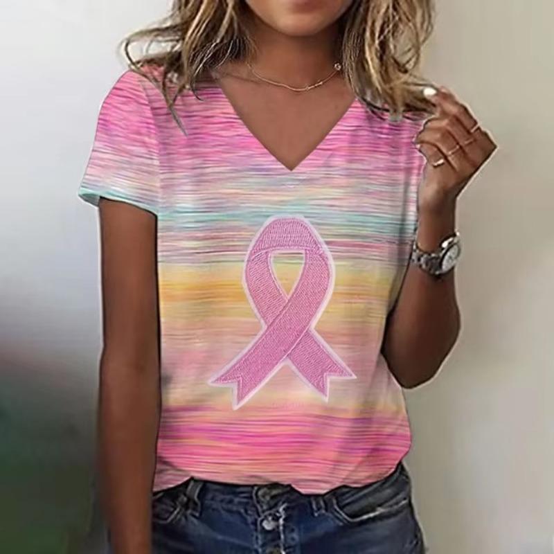 Summer Women's T-Shirt Pink Ribbon Print V-Neck T-Shirt 3d Print Casual Clothing Short Sleeve Female Design Oversized T-Shirt