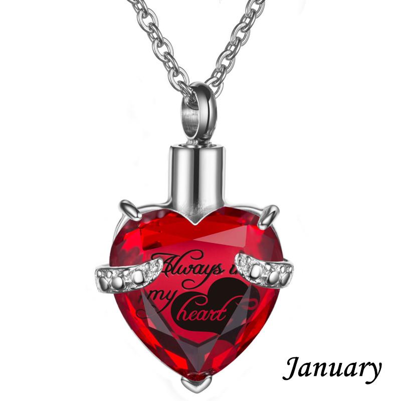 Always In My Heart Stainless Steel Birthstone Heart -Shaped Glass Clavicle Chain Perfume Bottle Keepsake Necklace Jewelry