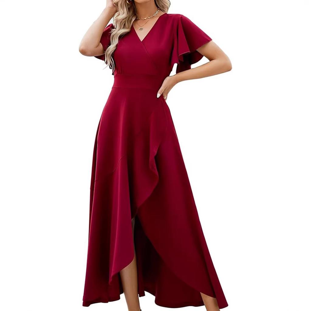 Women's lotus leaf sleeve V-neck temperament elegant evening dress European and American spring and summer waist dress