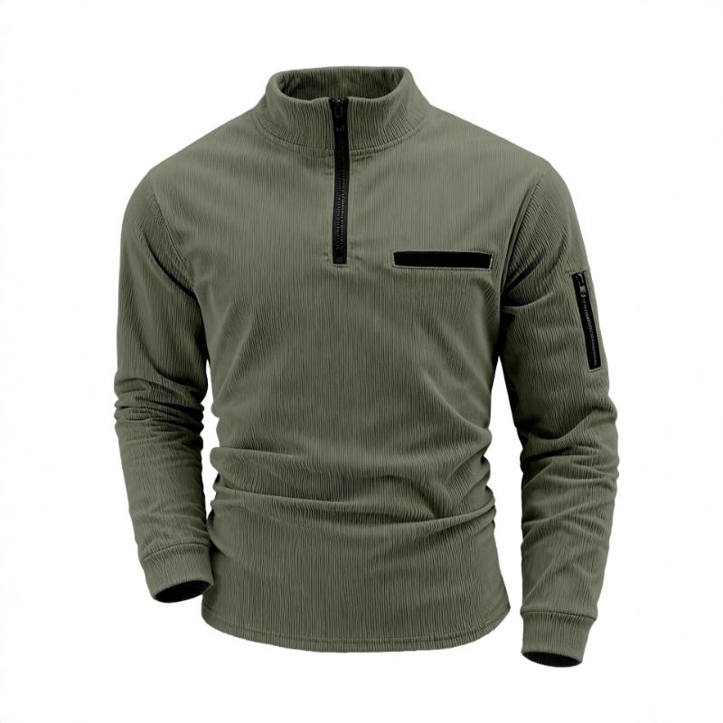 Men's Corduroy Quarter Zip Pullover Casual Stand Collar Long Sleeve Top With Zipper Pockets For Daily Wear