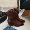 2025 новые кожаные из первого слоя коровьей кожи ретро западные ковбойские сапоги женские на толстом каблуке средней длины голенища британские ботинки Мартин