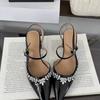 Fashionable Baotou Square Heel Sandals Summer New Pointed Crystal Buckle Line with Soft Sole Non-slip Mid-heel Shoes