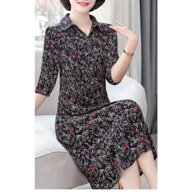 New Mother Suit Summer 7-quarter Sleeve Floral Dress Shirt Collar Mid-length Large Size Middle-aged Women's Clothing