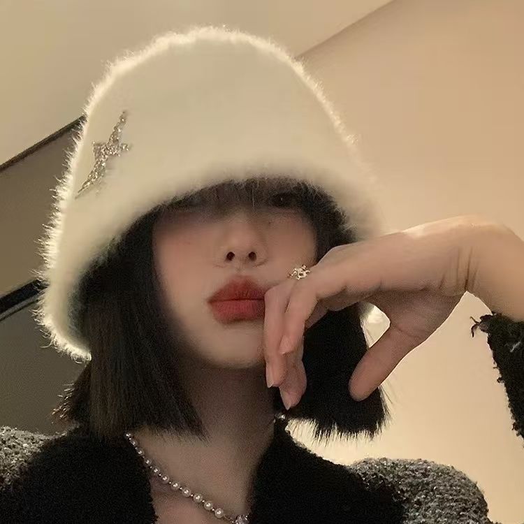 White Fisherman Hat Women's Autumn Winter Warm Bucket Hat Large Head Circumference Plush Hat